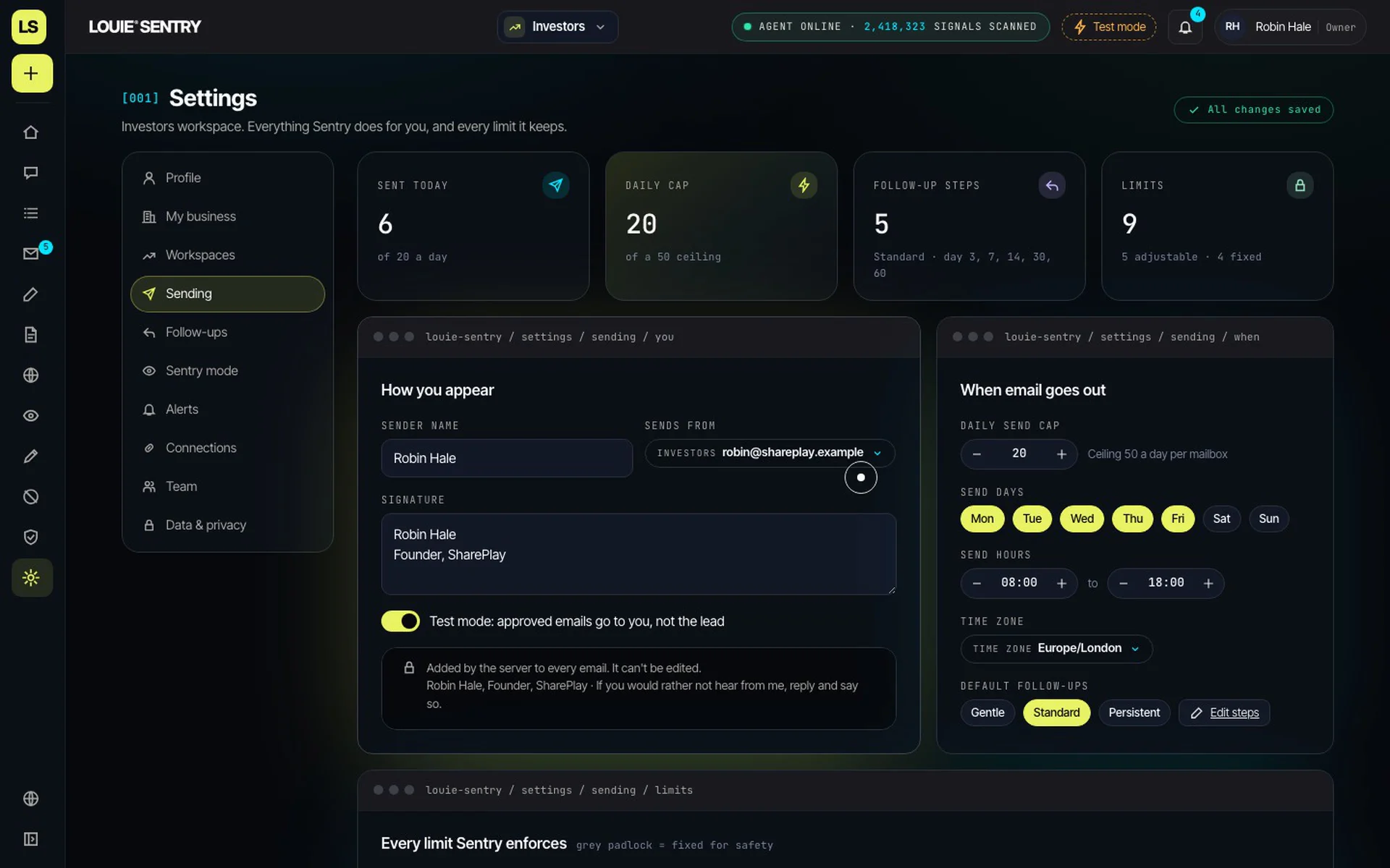 Sending settings with test mode
