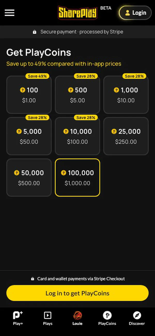 Buying PlayCoins on a phone, with Stripe Checkout